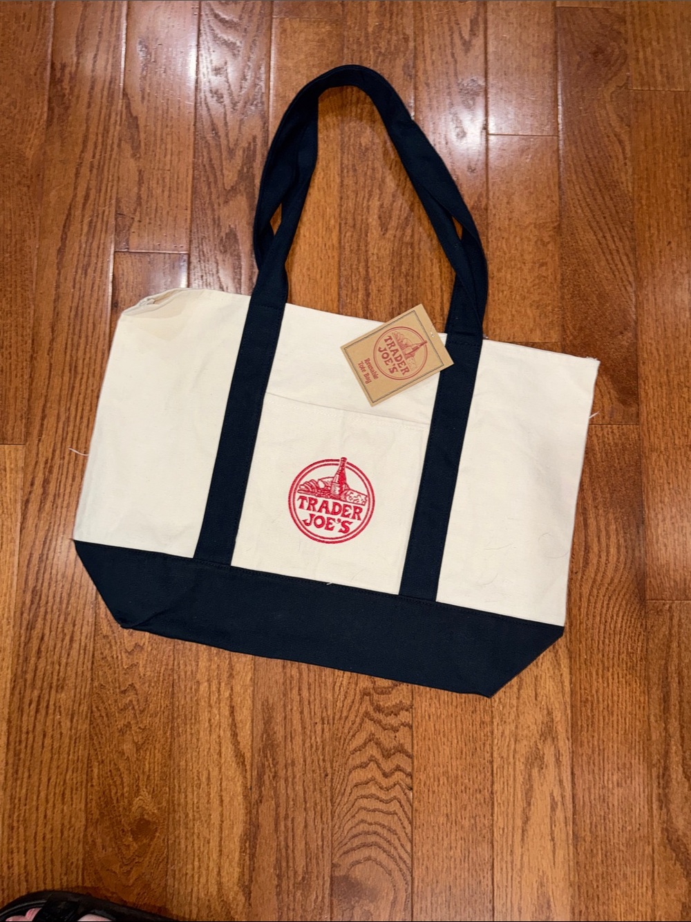 Trader Joe's Cream and navy large  Canvas Tote NWT